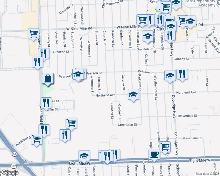 map of restaurants, bars, coffee shops, grocery stores, and more near 21651 Church Street in Oak Park