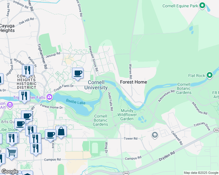 map of restaurants, bars, coffee shops, grocery stores, and more near 136 Forest Home Drive in Ithaca
