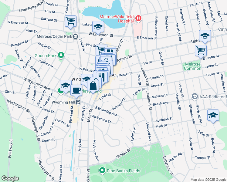 map of restaurants, bars, coffee shops, grocery stores, and more near 95 Grove Street in Melrose