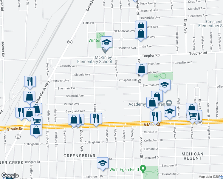 map of restaurants, bars, coffee shops, grocery stores, and more near 13126 Sherman Avenue in Warren