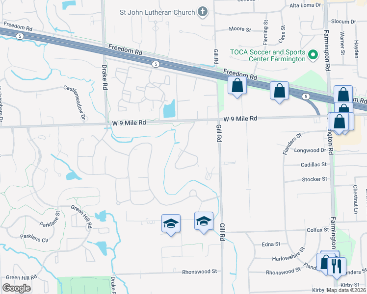 map of restaurants, bars, coffee shops, grocery stores, and more near 22071 Indian Creek Drive in Farmington Hills
