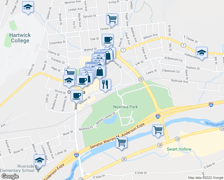 map of restaurants, bars, coffee shops, grocery stores, and more near 70 Market Street in Oneonta