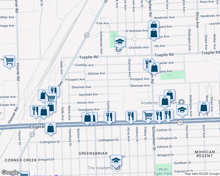 map of restaurants, bars, coffee shops, grocery stores, and more near 13012 Sherman Avenue in Warren