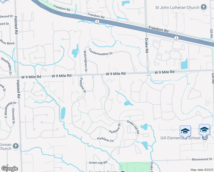 map of restaurants, bars, coffee shops, grocery stores, and more near 22225 Green Hill Road in Farmington Hills