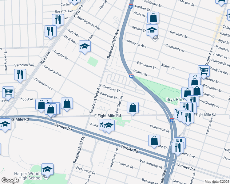 map of restaurants, bars, coffee shops, grocery stores, and more near 19616 Salisbury Street in Saint Clair Shores