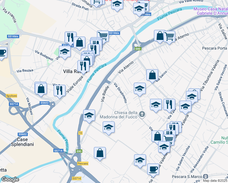 map of restaurants, bars, coffee shops, grocery stores, and more near 5 Via Giovanni Spadolini in Pescara