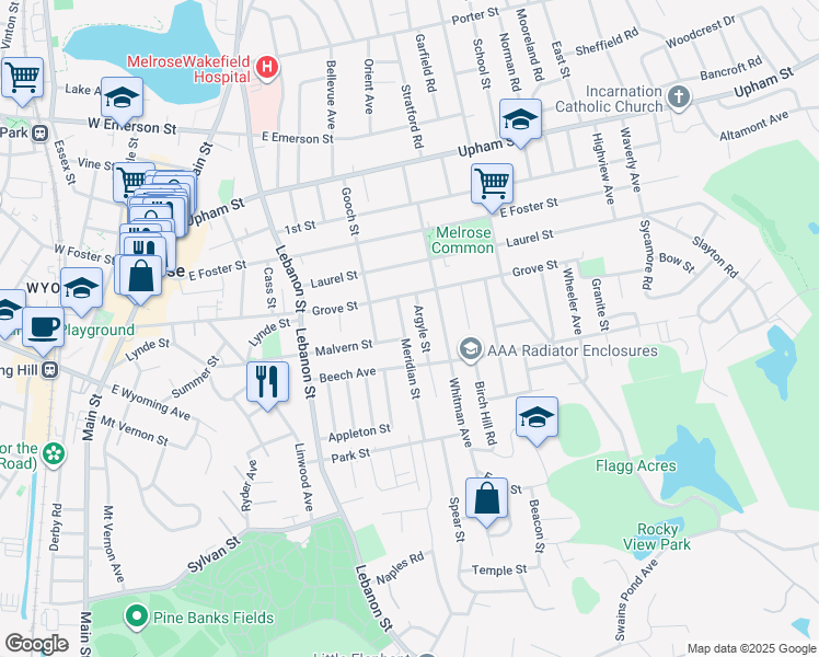 map of restaurants, bars, coffee shops, grocery stores, and more near 50 Argyle Street in Melrose