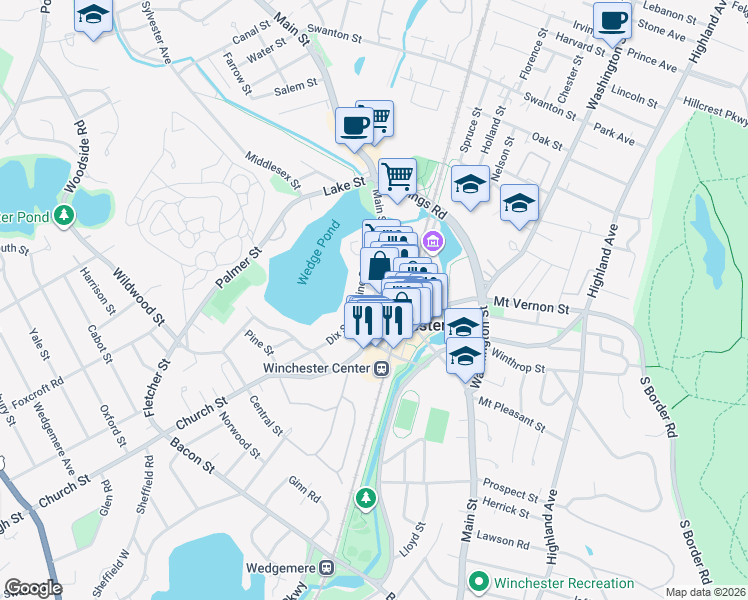 map of restaurants, bars, coffee shops, grocery stores, and more near 24 Vine Street in Winchester