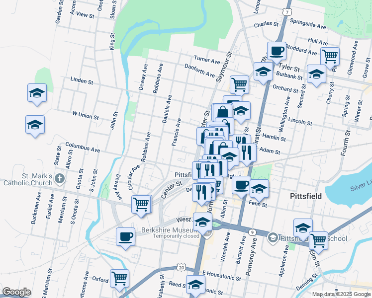 map of restaurants, bars, coffee shops, grocery stores, and more near 140 Summer Street in Pittsfield