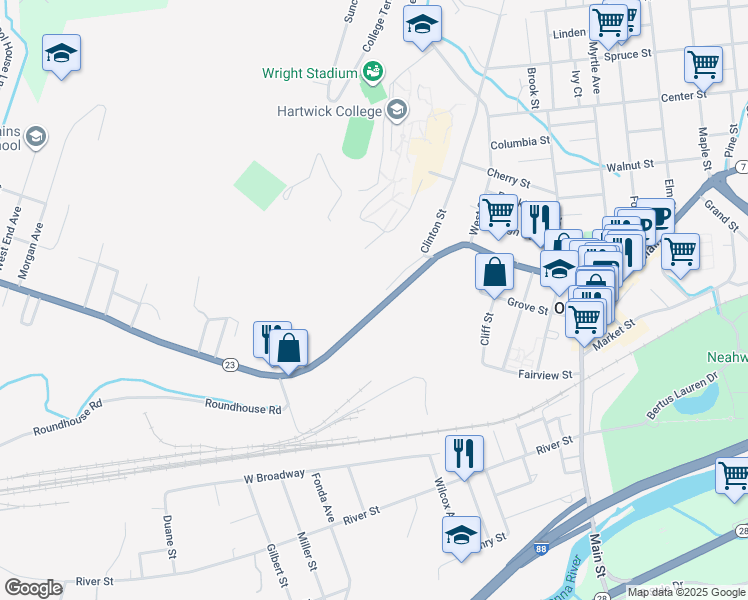 map of restaurants, bars, coffee shops, grocery stores, and more near 160 Chestnut Street in Oneonta