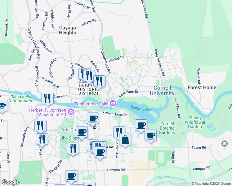 map of restaurants, bars, coffee shops, grocery stores, and more near in Ithaca