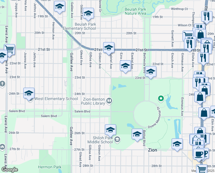 map of restaurants, bars, coffee shops, grocery stores, and more near 2315 Gideon Avenue in Zion