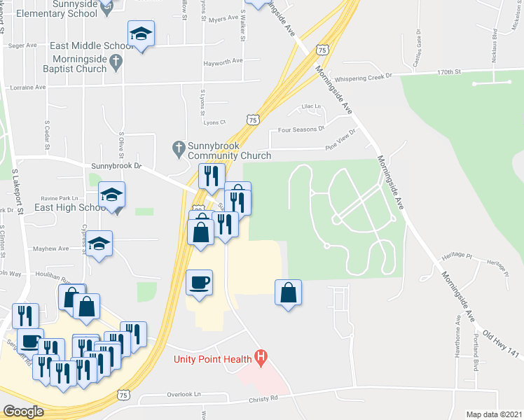 map of restaurants, bars, coffee shops, grocery stores, and more near 5607 1/2 Sunnybrook Drive in Sioux City