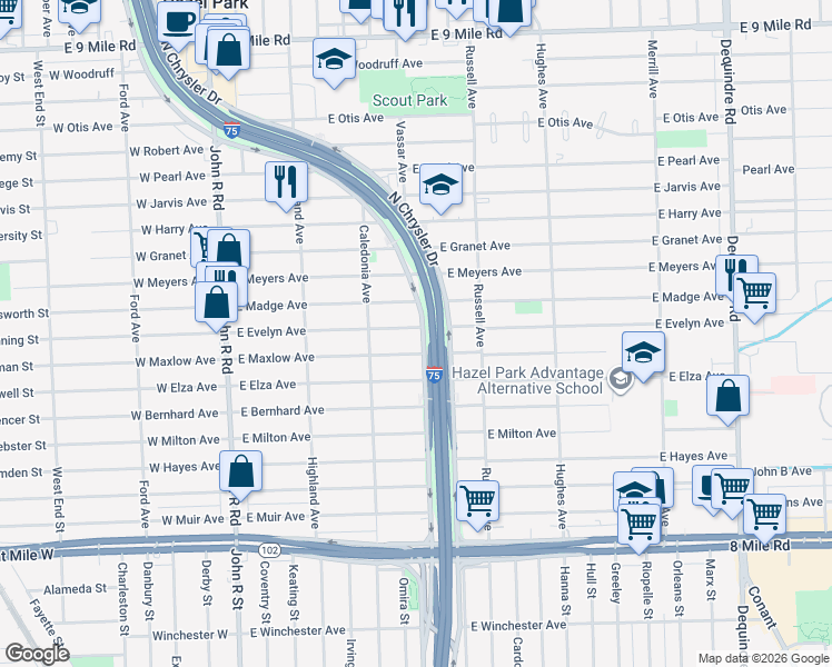 map of restaurants, bars, coffee shops, grocery stores, and more near 836 East Evelyn Avenue in Hazel Park