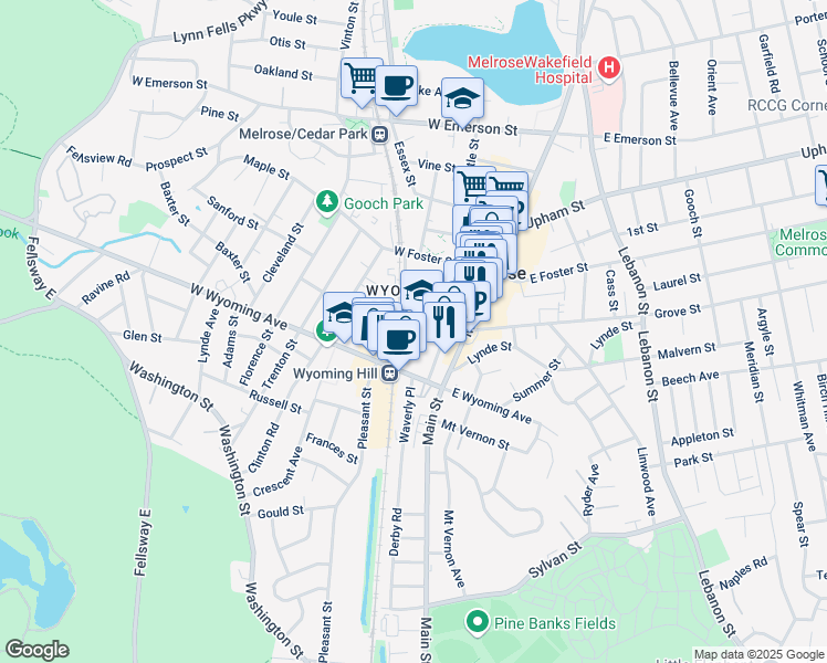 map of restaurants, bars, coffee shops, grocery stores, and more near 10 Grove Street in Melrose