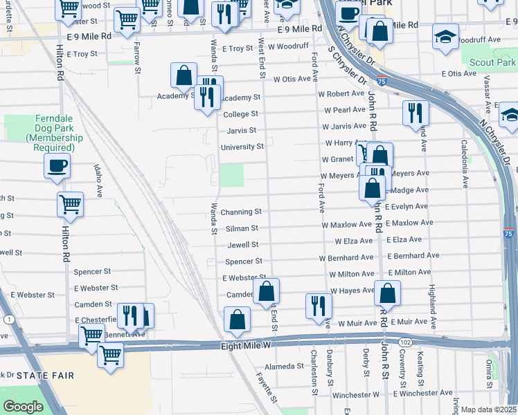 map of restaurants, bars, coffee shops, grocery stores, and more near 1785 Channing Street in Ferndale
