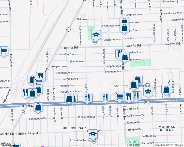map of restaurants, bars, coffee shops, grocery stores, and more near 13012 Sherman Avenue in Warren