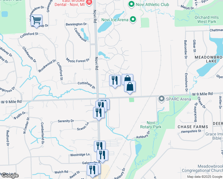 map of restaurants, bars, coffee shops, grocery stores, and more near 43180 W 9 Mile Rd in Novi