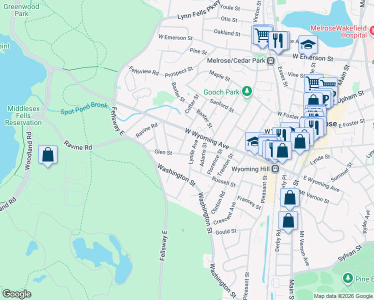 map of restaurants, bars, coffee shops, grocery stores, and more near 17 Glen Street in Melrose