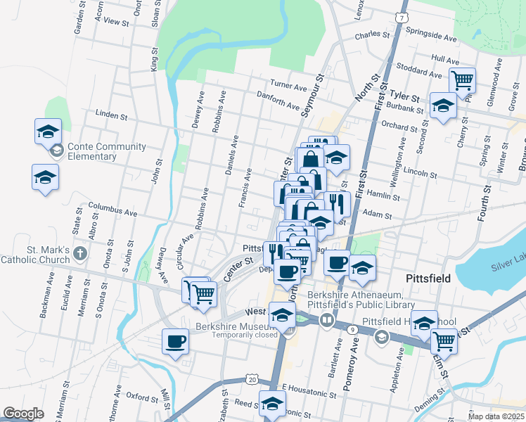 map of restaurants, bars, coffee shops, grocery stores, and more near 140 Summer Street in Pittsfield