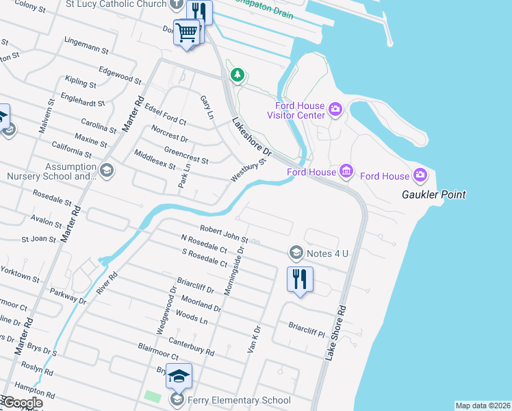 map of restaurants, bars, coffee shops, grocery stores, and more near 23327 North Colonial Court in St. Clair Shores