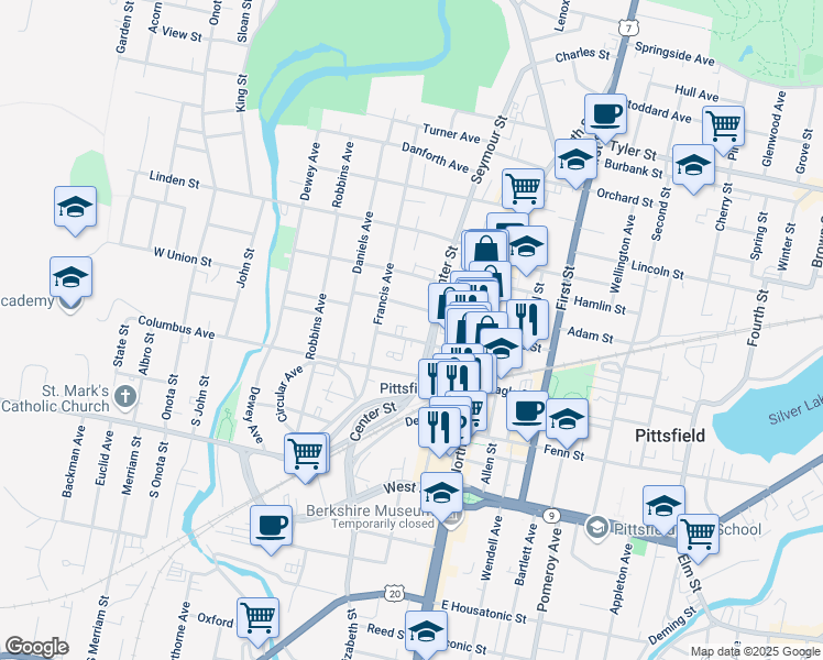 map of restaurants, bars, coffee shops, grocery stores, and more near 140 Summer Street in Pittsfield