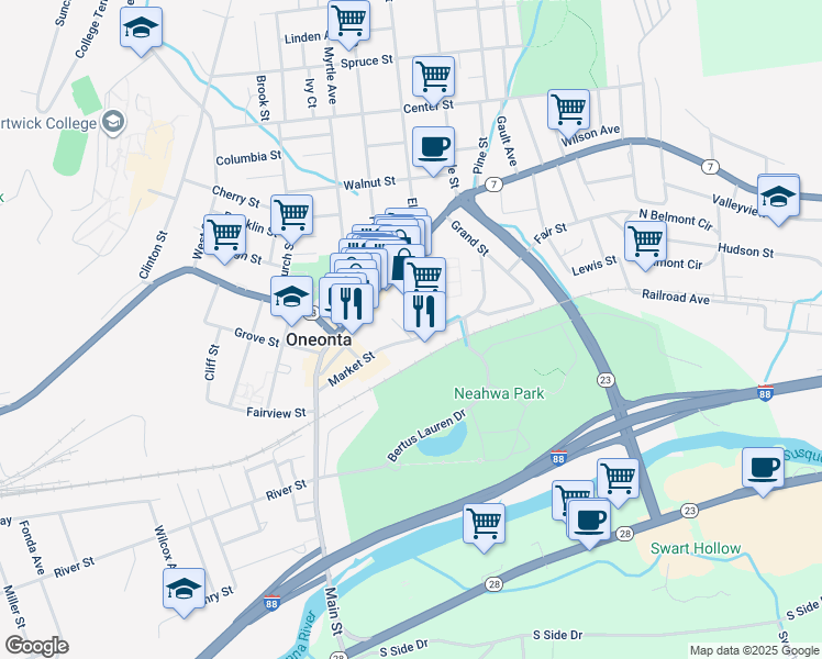 map of restaurants, bars, coffee shops, grocery stores, and more near 53 Market St in Oneonta