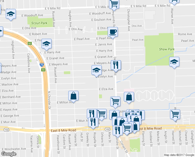 map of restaurants, bars, coffee shops, grocery stores, and more near 1600 East Evelyn Avenue in Hazel Park
