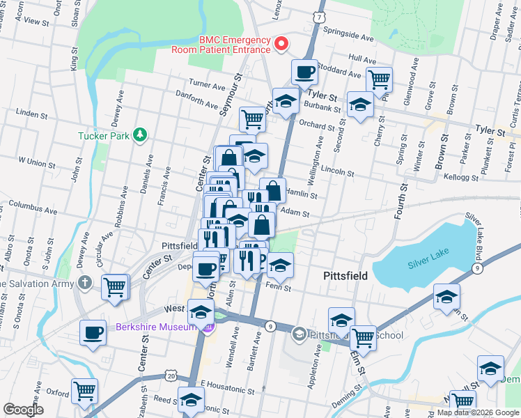 map of restaurants, bars, coffee shops, grocery stores, and more near 34 North Pearl Street in Pittsfield