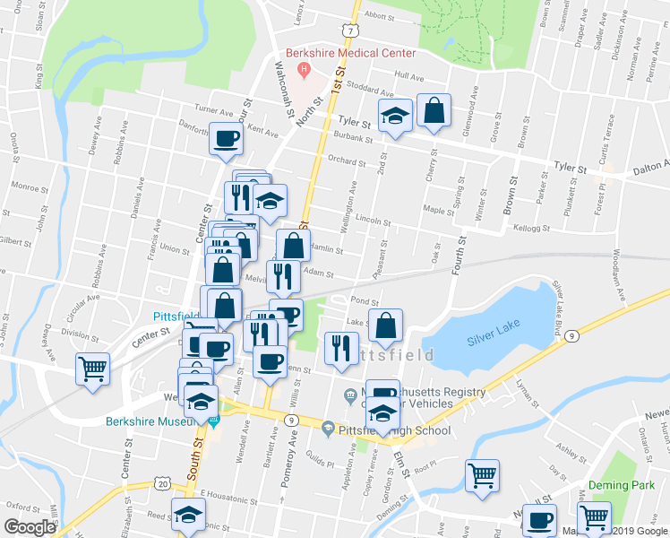 map of restaurants, bars, coffee shops, grocery stores, and more near 43 Adam Street in Pittsfield