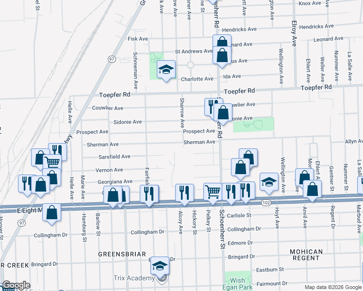 map of restaurants, bars, coffee shops, grocery stores, and more near 13164 Sherman Avenue in Warren