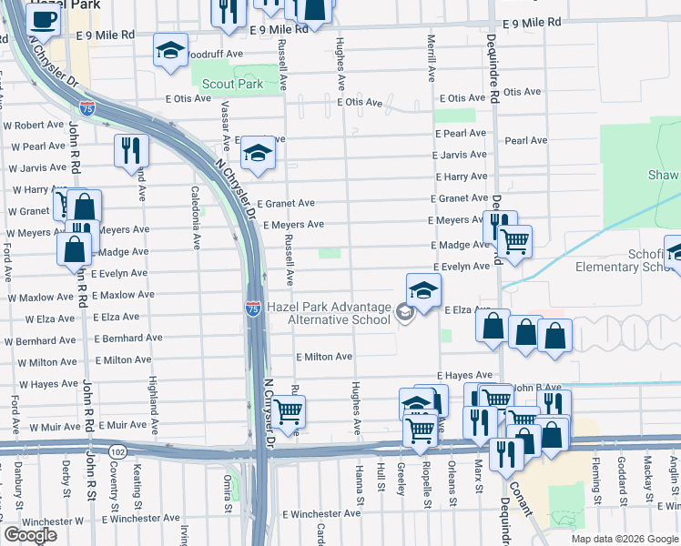 map of restaurants, bars, coffee shops, grocery stores, and more near 1318 East Evelyn Avenue in Hazel Park