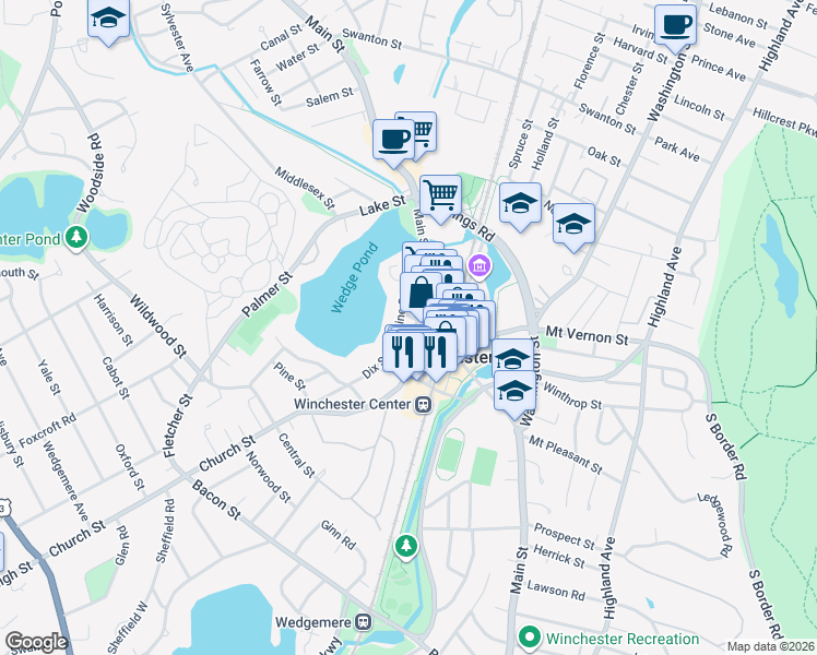 map of restaurants, bars, coffee shops, grocery stores, and more near 24 Vine Street in Winchester