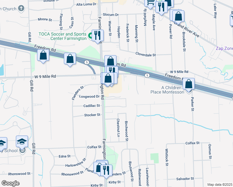 map of restaurants, bars, coffee shops, grocery stores, and more near 21900 Farmington Road in Farmington Hills