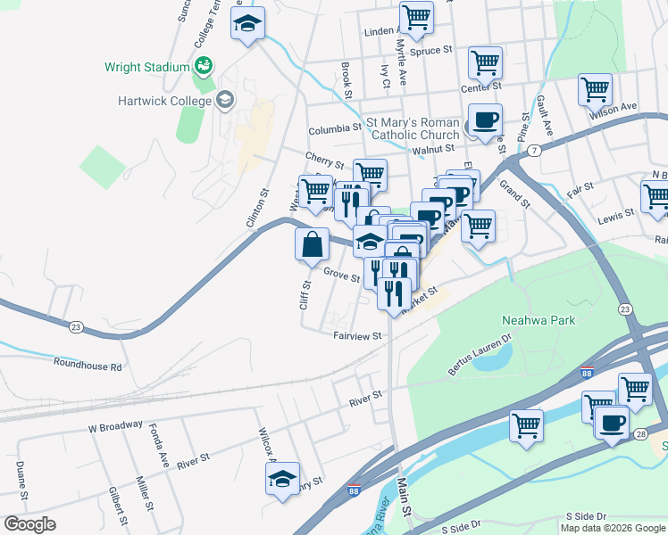 map of restaurants, bars, coffee shops, grocery stores, and more near 27 Watkins Avenue in Oneonta