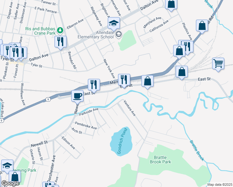 map of restaurants, bars, coffee shops, grocery stores, and more near 1328 East Street in Pittsfield