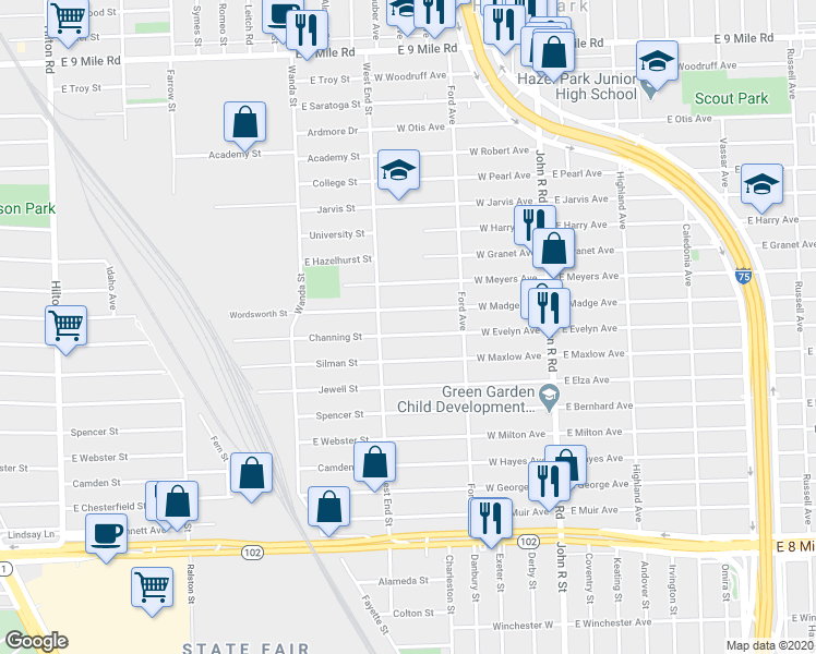 map of restaurants, bars, coffee shops, grocery stores, and more near 416 West Evelyn Avenue in Hazel Park