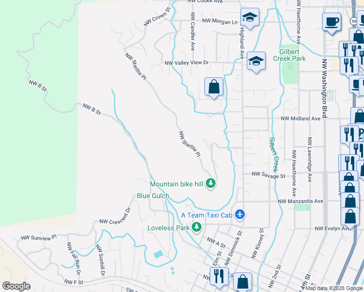 map of restaurants, bars, coffee shops, grocery stores, and more near 1032 Northwest Starlite Place in Grants Pass