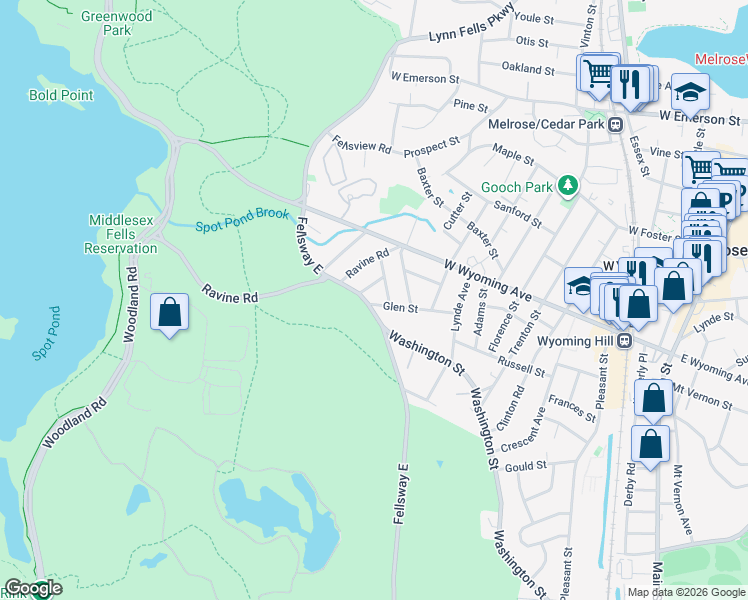 map of restaurants, bars, coffee shops, grocery stores, and more near 77 Glen Street in Melrose