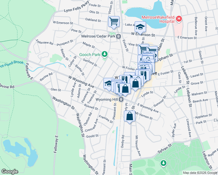 map of restaurants, bars, coffee shops, grocery stores, and more near 87 West Wyoming Avenue in Melrose