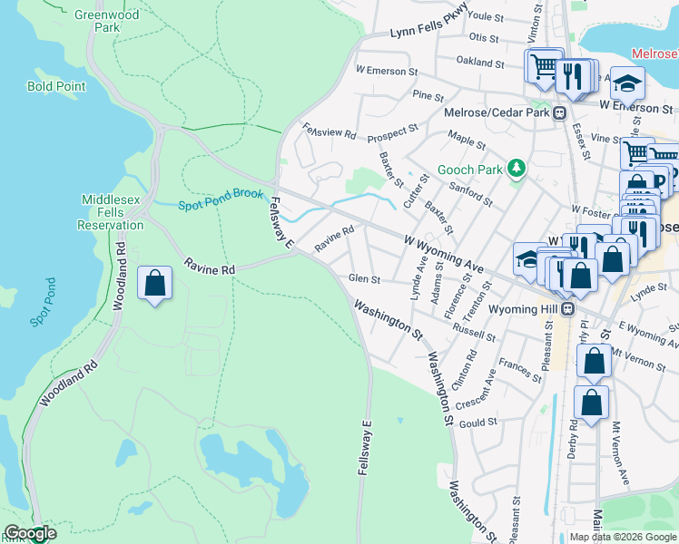 map of restaurants, bars, coffee shops, grocery stores, and more near 77 Glen Street in Melrose
