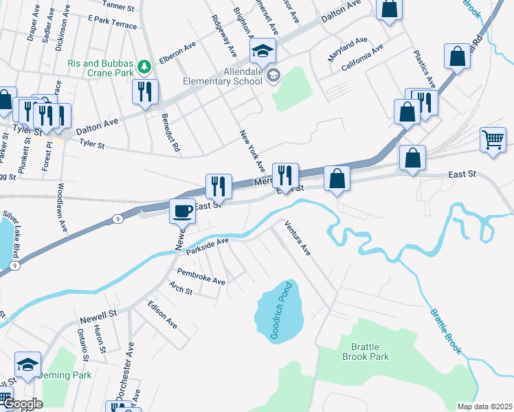 map of restaurants, bars, coffee shops, grocery stores, and more near 1311 East Street in Pittsfield