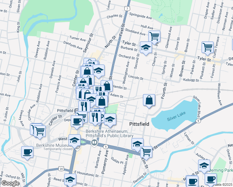 map of restaurants, bars, coffee shops, grocery stores, and more near 43 Adam Street in Pittsfield