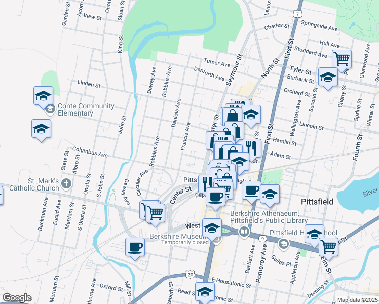 map of restaurants, bars, coffee shops, grocery stores, and more near 140 Summer Street in Pittsfield