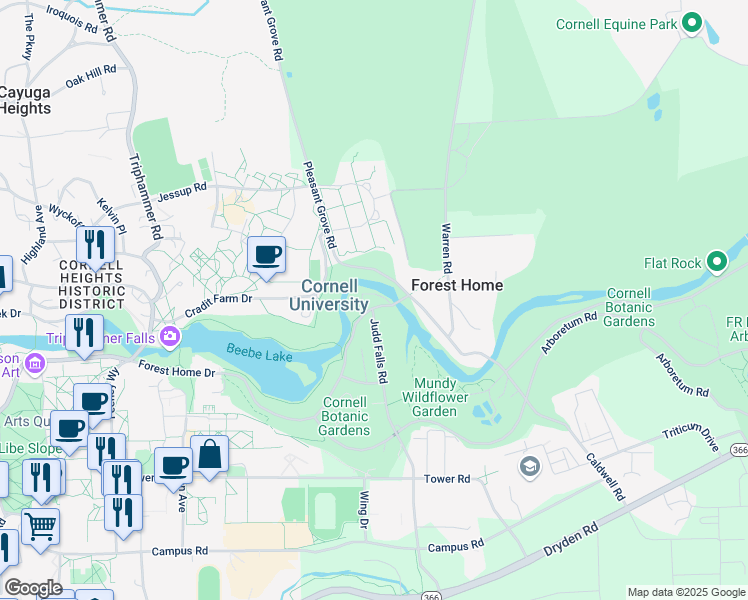 map of restaurants, bars, coffee shops, grocery stores, and more near 136 Forest Home Drive in Ithaca
