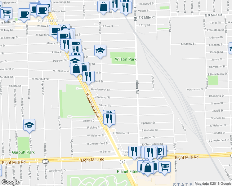 map of restaurants, bars, coffee shops, grocery stores, and more near 325 Channing Street in Ferndale
