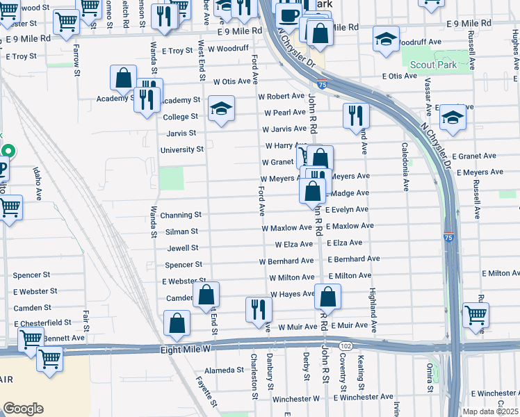 map of restaurants, bars, coffee shops, grocery stores, and more near 304 West Evelyn Avenue in Hazel Park