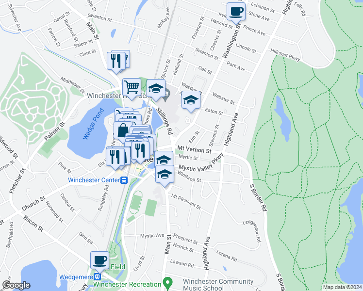 map of restaurants, bars, coffee shops, grocery stores, and more near 90 Mount Vernon Street in Winchester
