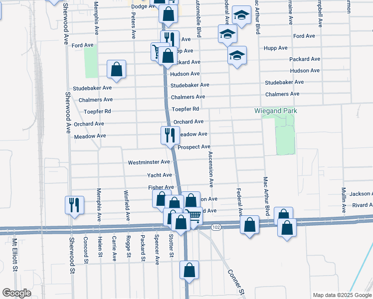 map of restaurants, bars, coffee shops, grocery stores, and more near 8064 Prospect Avenue in Warren