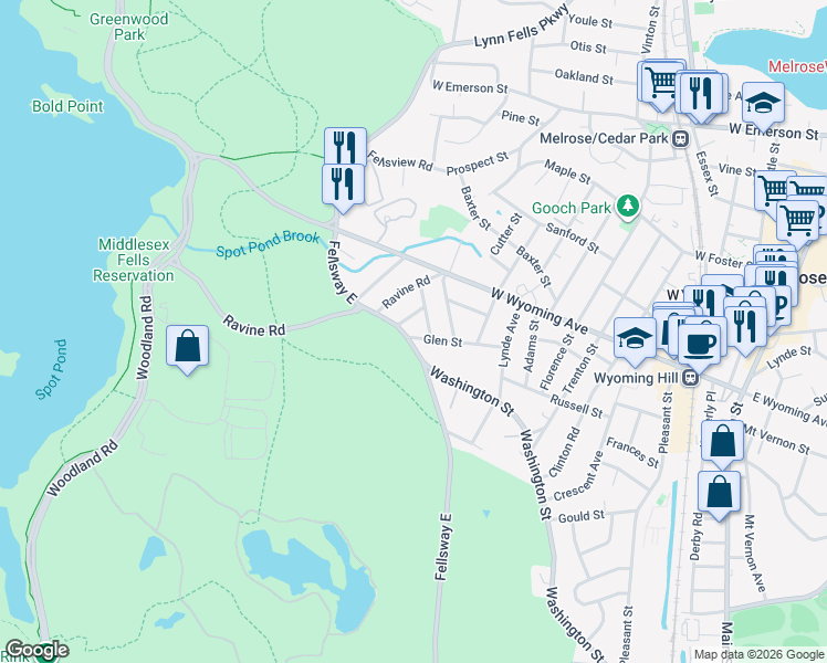 map of restaurants, bars, coffee shops, grocery stores, and more near 77 Glen Street in Melrose